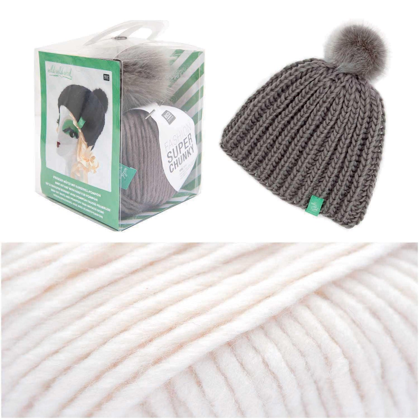 Rico Design Strickset Mütze Wild Wild Wool Pompon Wollweiss - Craftguru