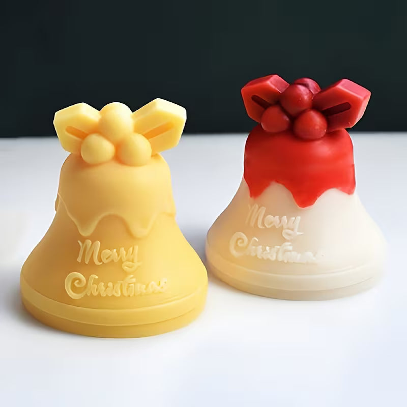 Silikonform Glocke Merry Christmas – selbst gegossene Wachskerzen in Glockenform gelb und rot