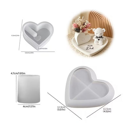 Silikonform Herzschale mit Bärchen und Herzvase, 3 teilig