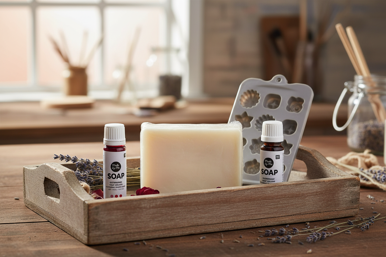 Starterset Seife selber machen - alle Bestandteile im Holztablett