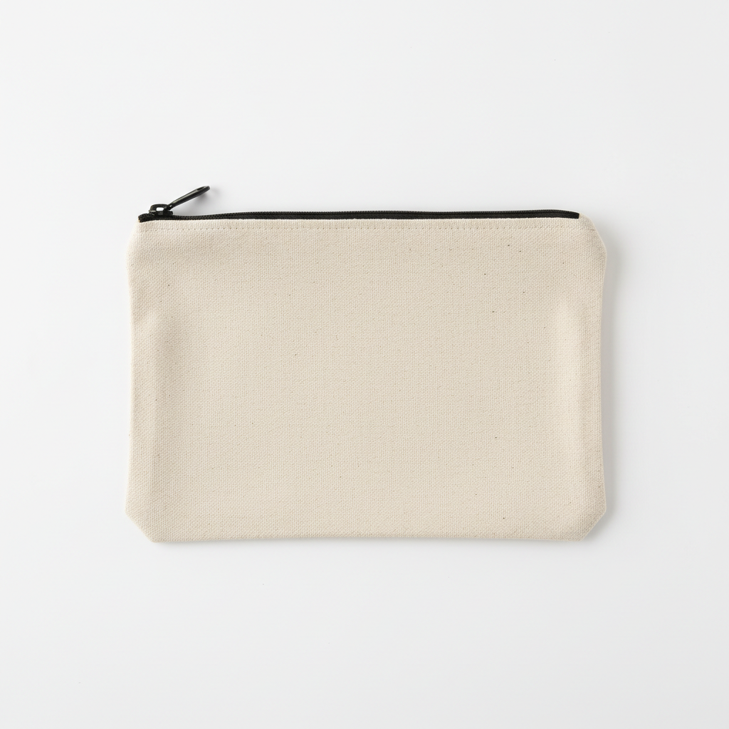 Baumwolltasche beige mit schwarzem Reißverschluss, quadratisches Produktfoto