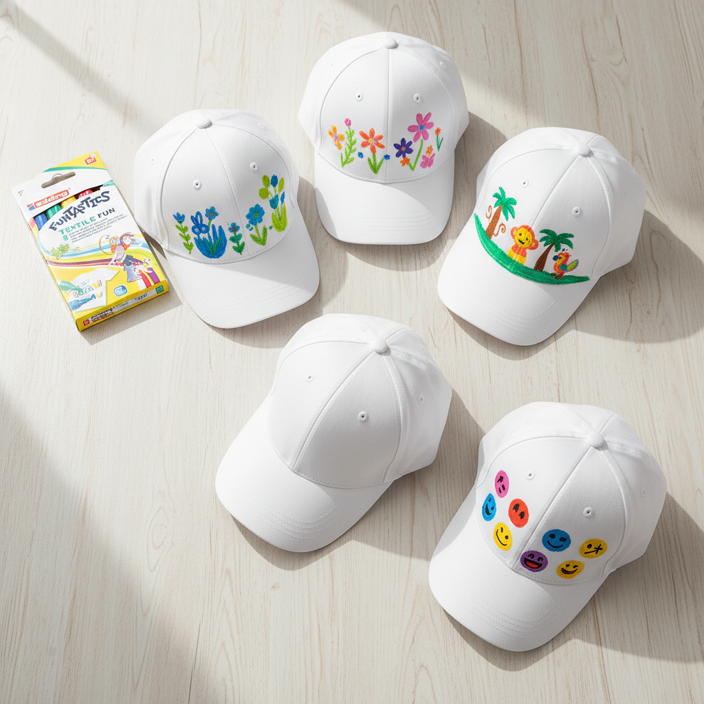 Flat Lay 5 bemalte Basecaps von oben
