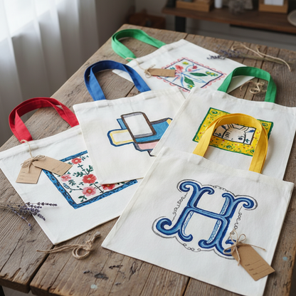 Mehrere weiße Baumwollbeutel mit verschiedenfarbigen Griffen und personalisierten Designs
