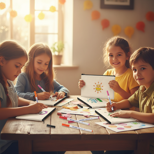 Kinder gestalten gemeinsam 6 Baumwolltaschen mit schwarzem Reißverschluss mit 5 Edding Textilstiften