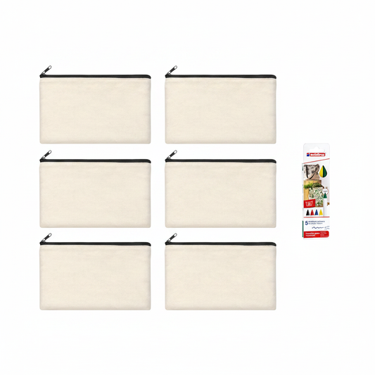 6 beige Baumwolltaschen mit schwarzem Reißverschluss und 5 Edding Textilstifte, Flat Lay von oben