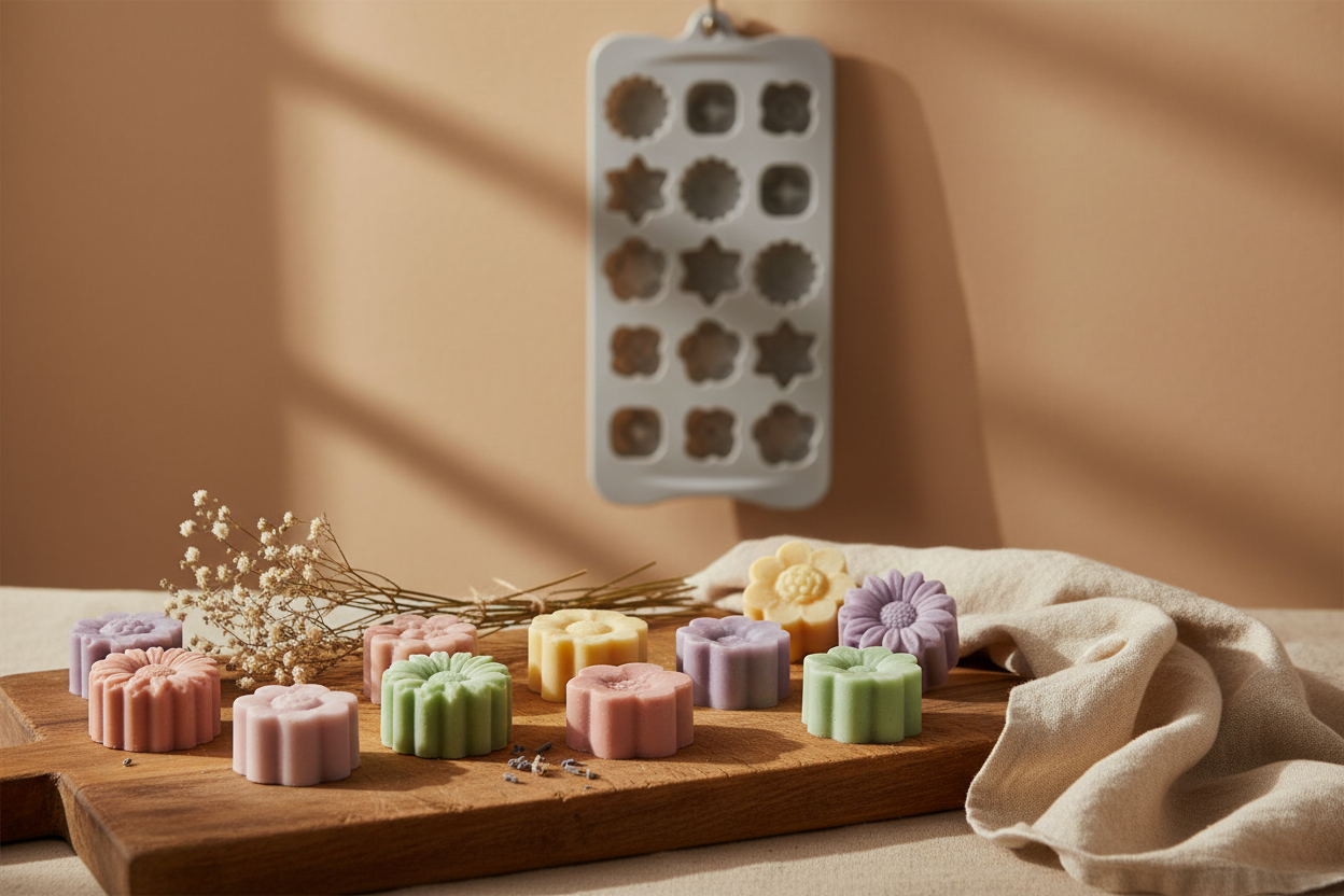 Blumenseifen Lifestyle auf Holzbrett