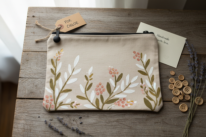 Baumwolltasche beige mit schwarzem Reißverschluss, hand-bemalt mit Blumenmotiv