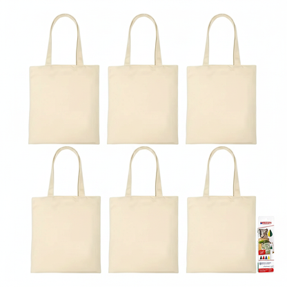 6 beige Baumwollbeutel mit langen Henkeln in 2x3 Anordnung und Edding Textilstifte-Set auf weißem Hintergrund