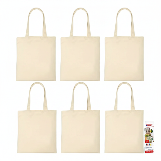 6 beige Baumwollbeutel mit langen Henkeln in 2x3 Anordnung und Edding Textilstifte-Set auf weißem Hintergrund