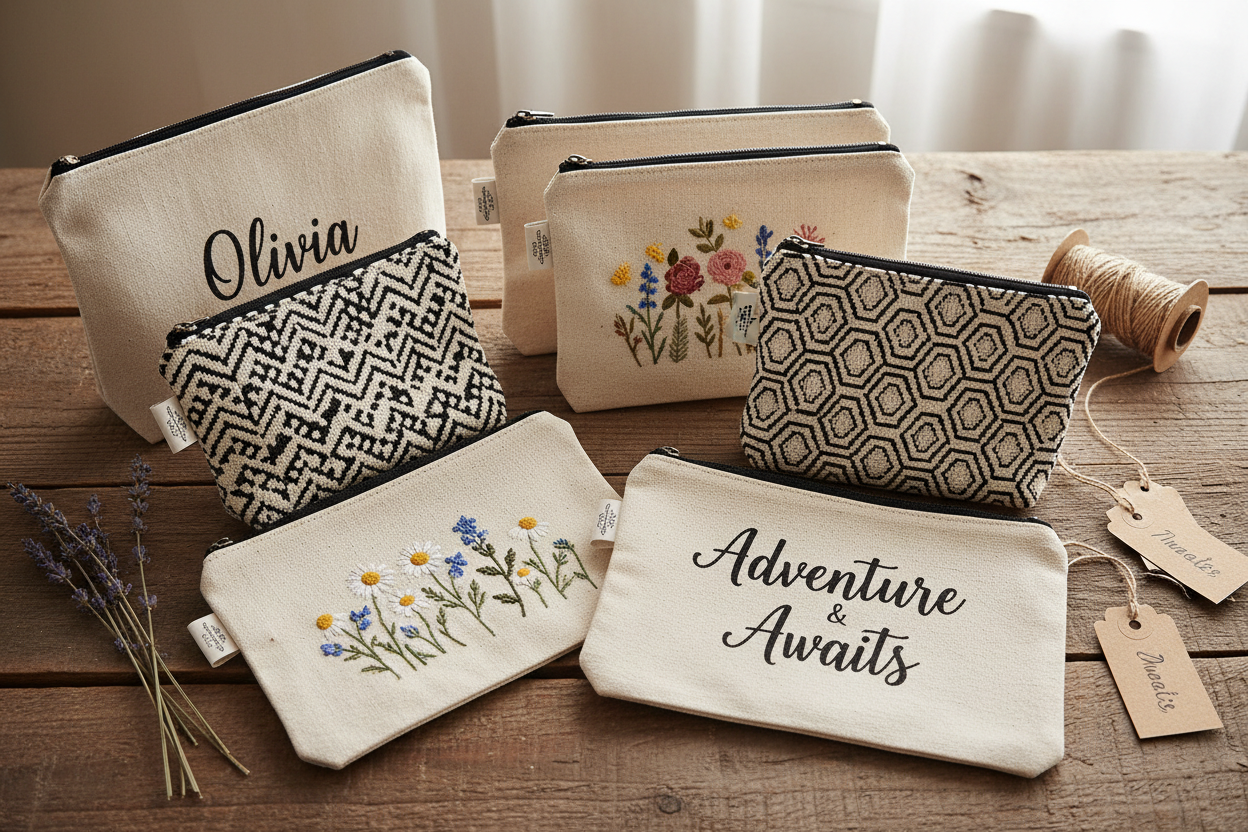 Mehrere personalisierte Baumwolltaschen mit schwarzem Reißverschluss und verschiedenen Designs