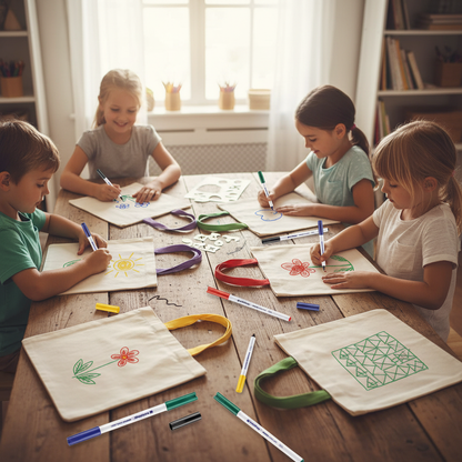 Kinder gestalten gemeinsam 6 Baumwollbeutel mit bunten Griffen und 5 Edding Textilstiften