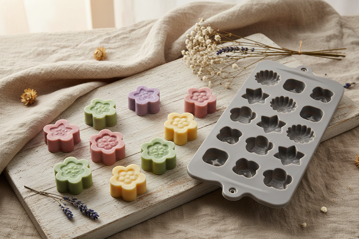 Blumenseifen Lifestyle auf Holzbrett - korrekte Größe