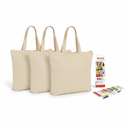 Komplettset Tragetaschen mit Reißverschluss bemalen inkl. 3 Tasche und 5 Stiften - Craftguru