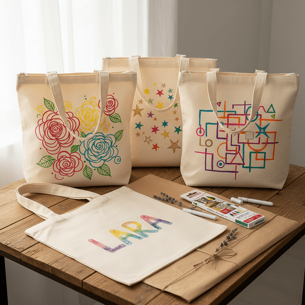 Komplettset Tragetaschen mit Reißverschluss bemalen inkl. 3 Tasche und 5 Stiften - Craftguru