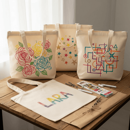 Komplettset Tragetaschen mit Reißverschluss bemalen inkl. 3 Tasche und 5 Stiften - Craftguru
