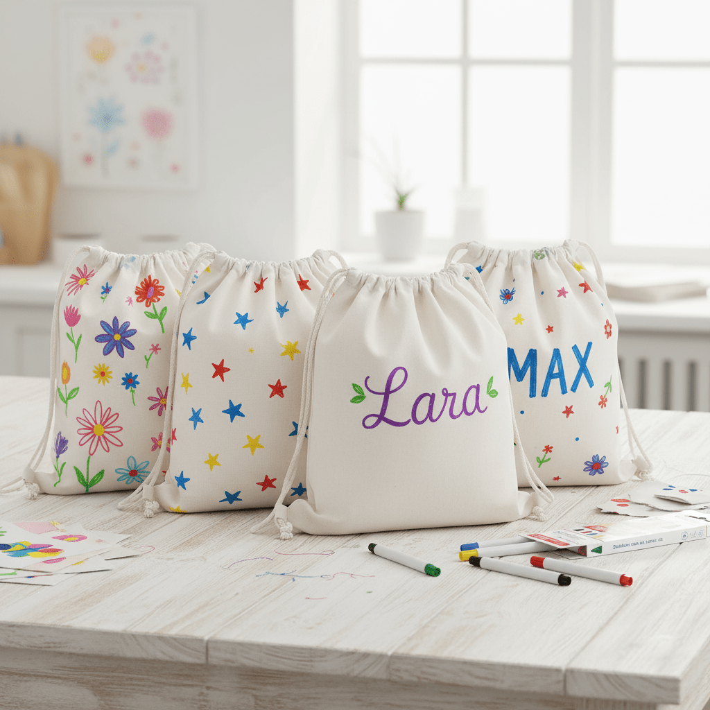 Komplettset Zuziehbeutel bemalen inkl. 4 Beuteln und 5 Stiften - Craftguru
