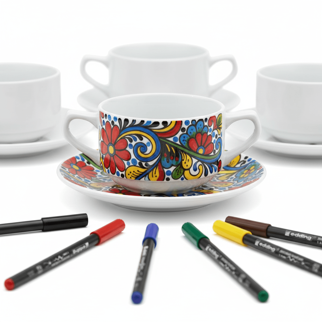 Malset Suppentasse mit Untersetzer inkl. 4 Sets und 6 Stiften - Craftguru