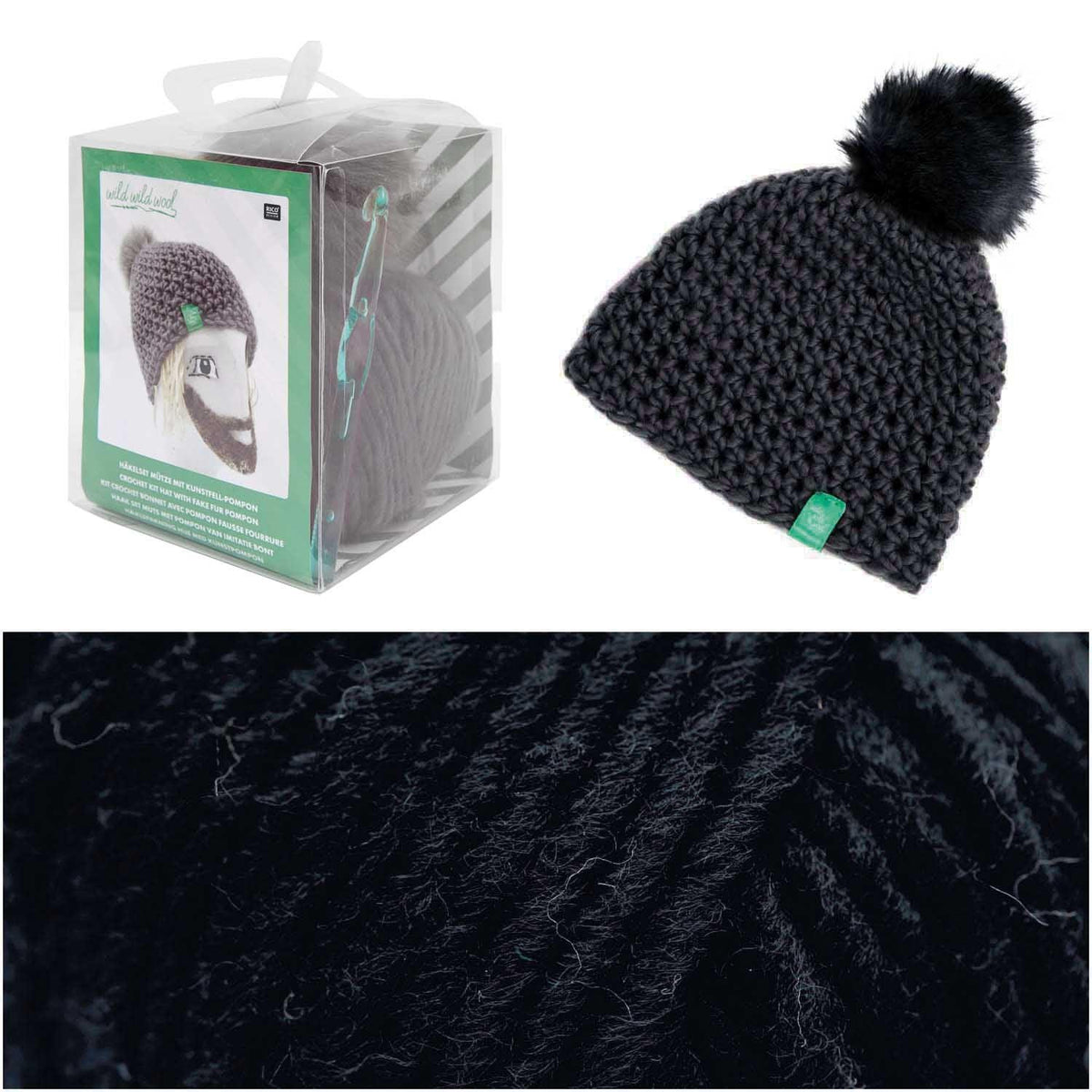 Rico Design Häkelset Mütze Wild Wild Wool Pompon Schwarz - Craftguru